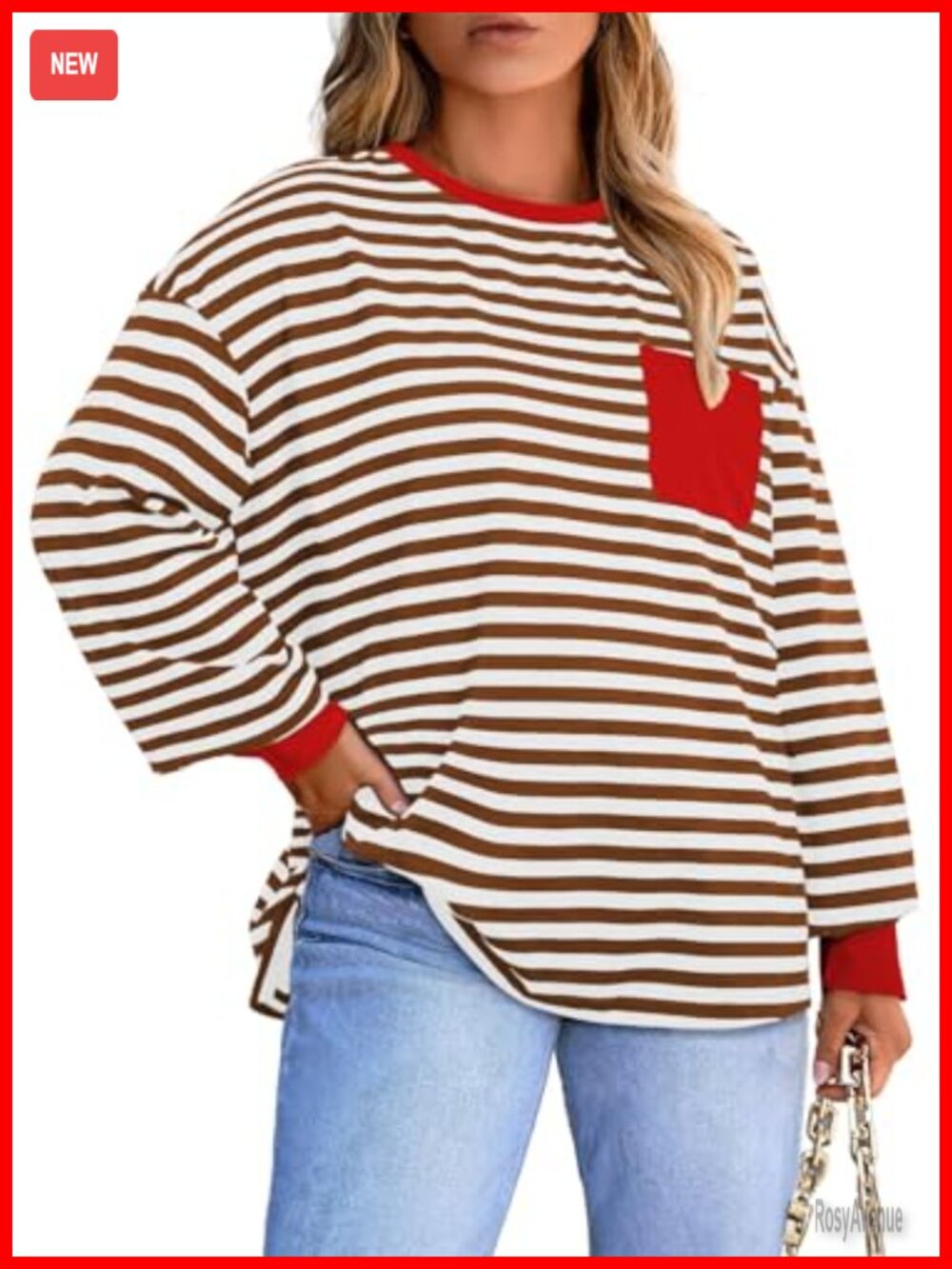 Plus Size Striped Crewneck Long Sleeve Tee with Chest Pockets Casual